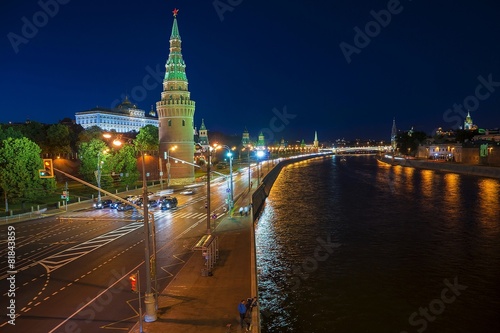 View of the Moscow Kremlin and Moskva River at night. Shot from