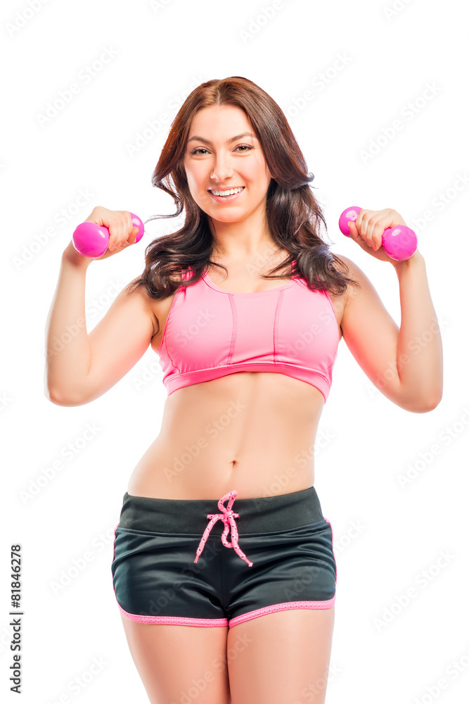 portrait of a beautiful trainer with dumbbells on a white backgr portrait of a beautiful trainer with dumbbells on a white backgr