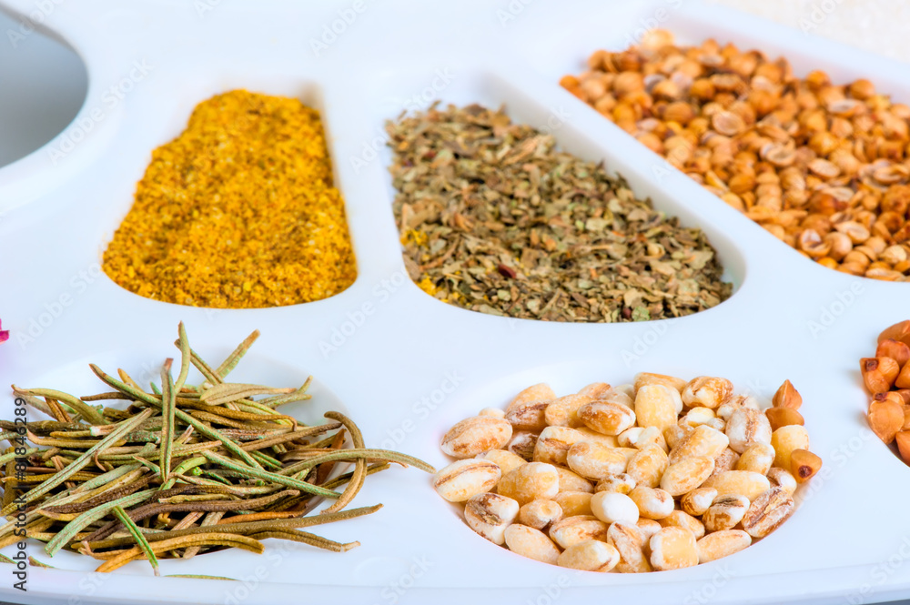 colorful spices are in the palette closeup colorful spices are in the palette closeup