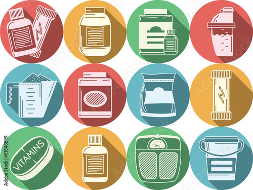 Flat colored vector icons for sports nutrition