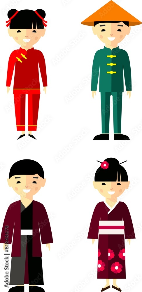 Set of chinese, japanese people dressed in national costumes Set of chinese, japanese people dressed in national costumes