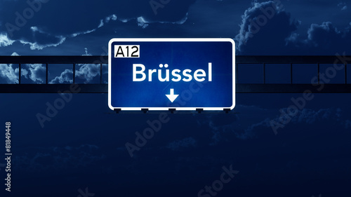 Brussel Belgium Highway Road Sign at Night