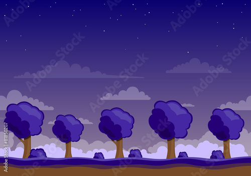 Vector Unending Landscape Background with Trees at Night