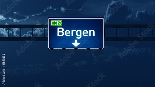 Bergen Norway Highway Road Sign at Night