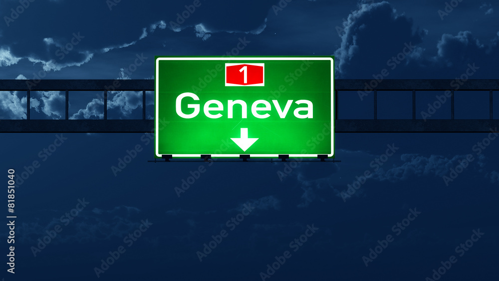 Geneva Switzerland Highway Road Sign at Night