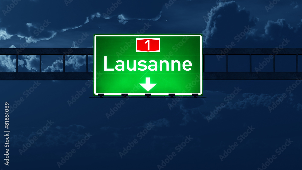 Lausanne Switzerland Highway Road Sign at Night
