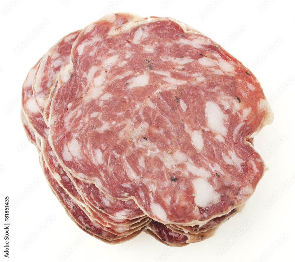 slices of salami isolated on a white background slices of salami isolated on a white background