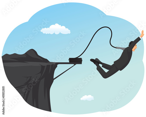 Businessman is bungee jumping off a cliff