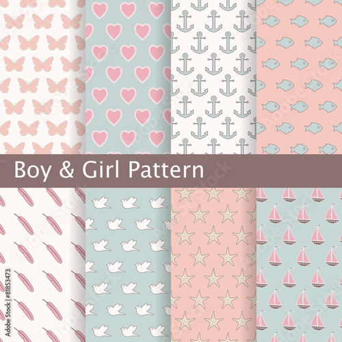 Set of pink and blue seamless patterns. Ideal for baby design.