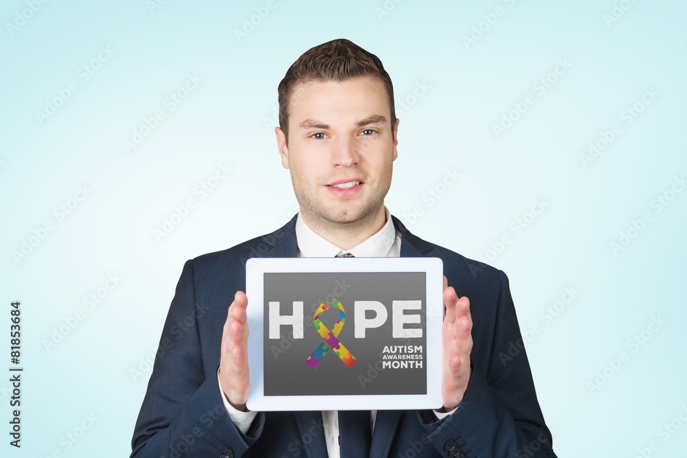 Composite image of businessman showing tablet pc screen Composite image of businessman showing tablet pc screen