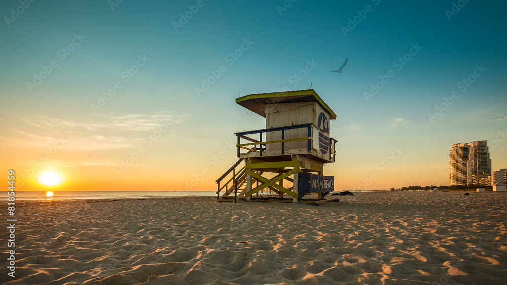 Lifeguard Hut in South Beach during sunrise, Miami Lifeguard Hut in South Beach during sunrise, Miami