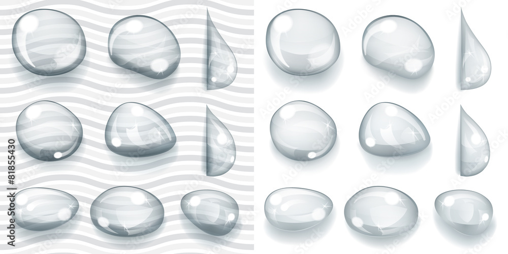 Transparent and opaque gray drops of various shapes Transparent and opaque gray drops of various shapes