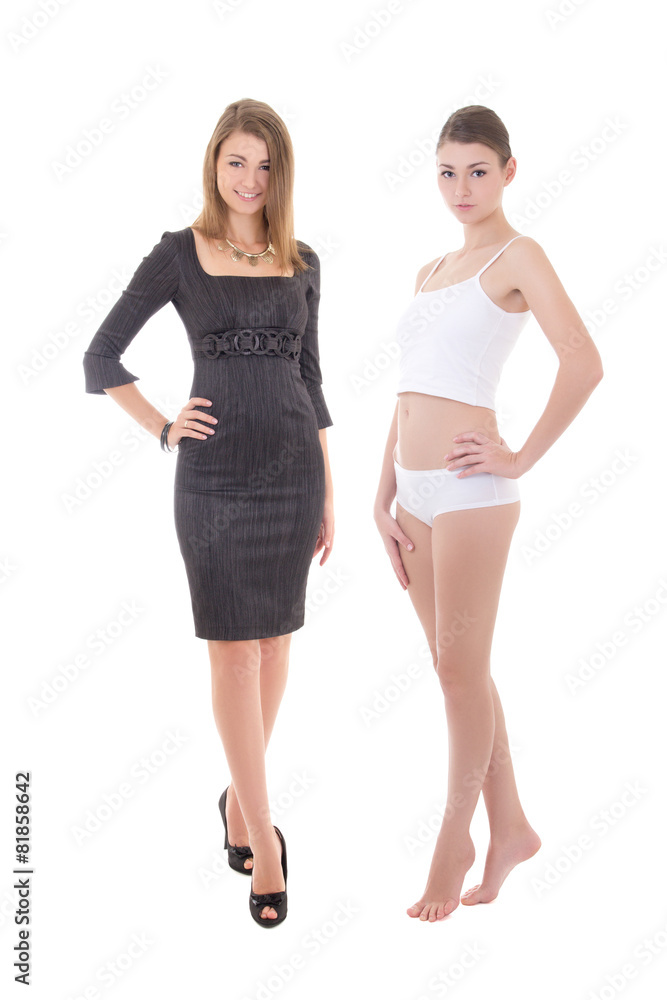 morning concept - young slim woman in dress and underwear isolat morning concept - young slim woman in dress and underwear isolat