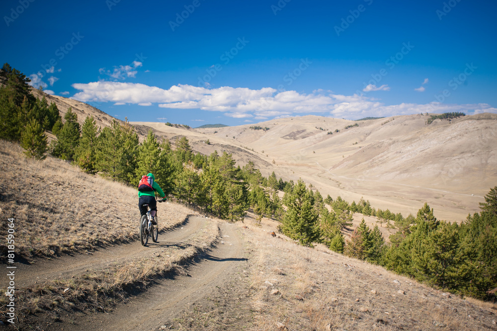 The girl on  bicycle down a steep hill