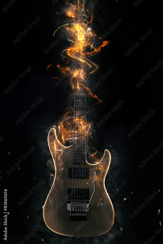 Electric Guitar on fire on Black Background - obrazy, fototapety, plakaty 