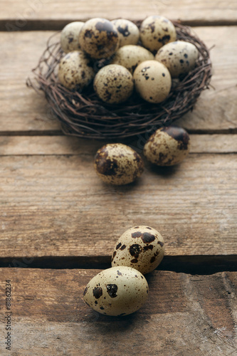 Bird eggs in nest on wooden background