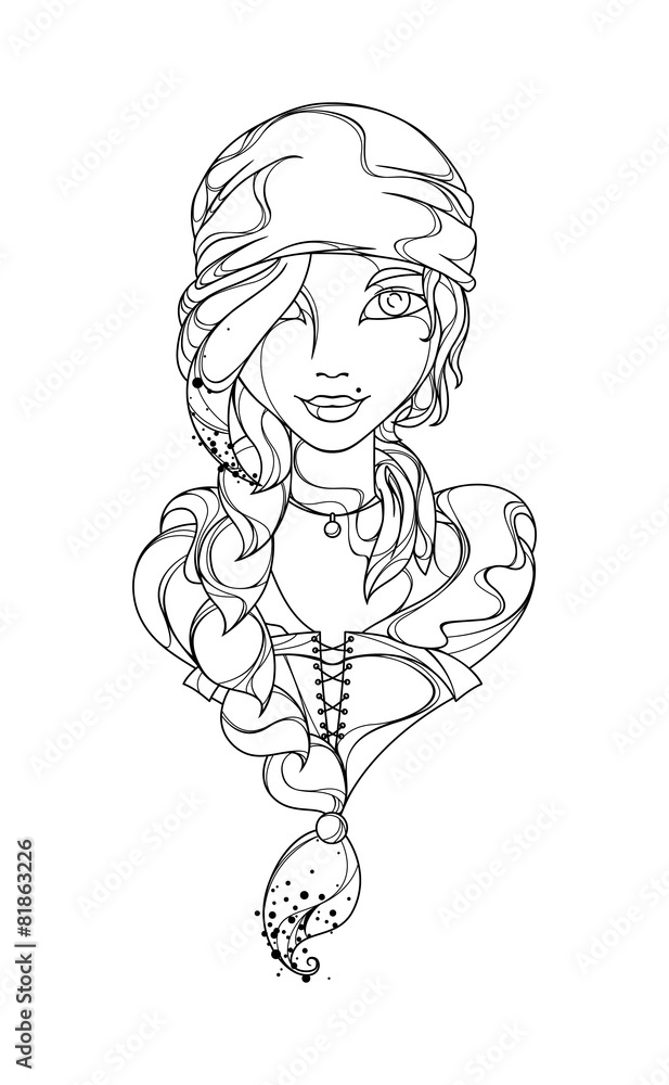 Funny vector girl pirate painted black lines Funny vector girl pirate painted black lines