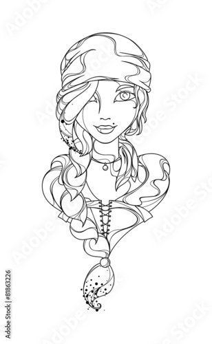 Funny vector girl pirate painted black lines
