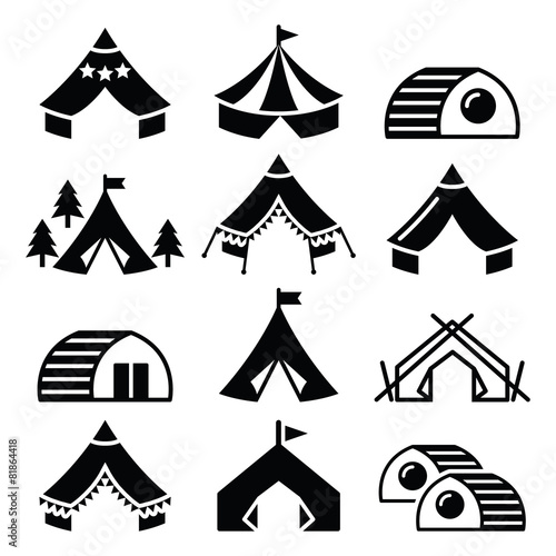 Glamping, luxurious camping tents and bambu houses icons set