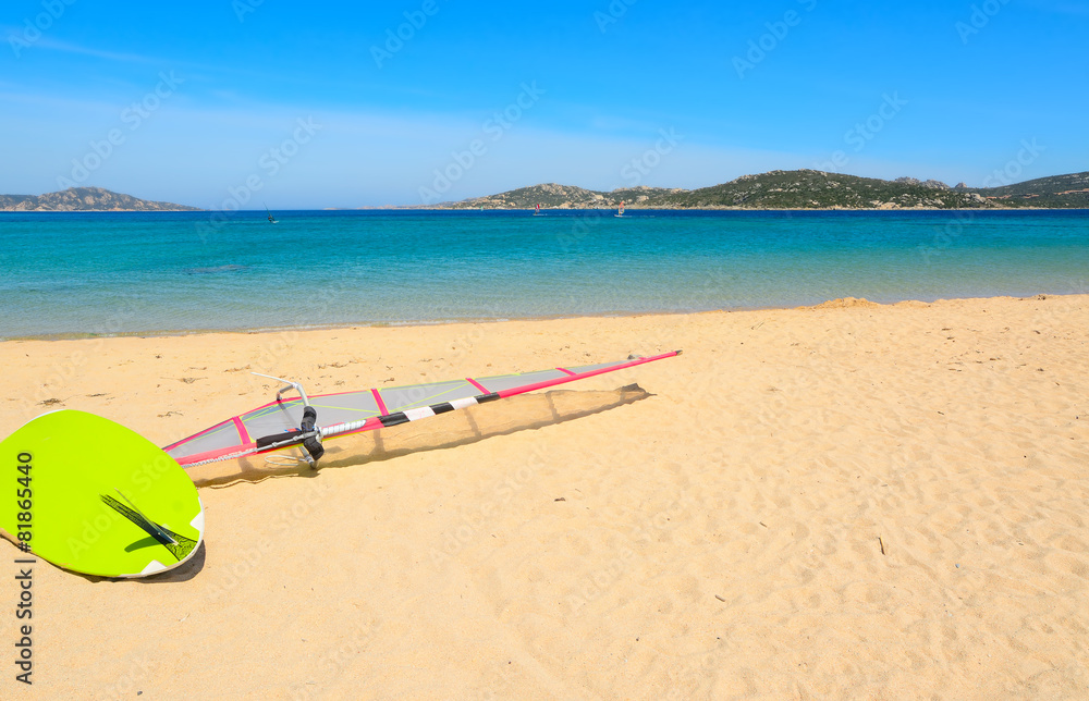 windsurf board on the sand in Porto Pollo