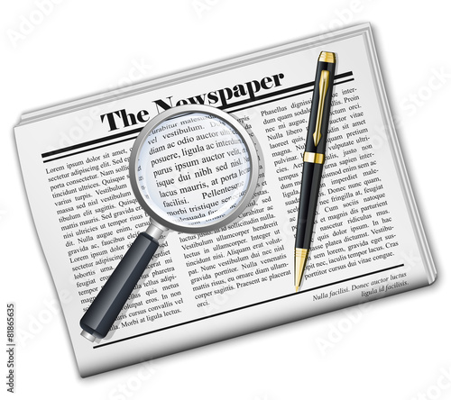 Newspaper with magnifying glass and pen