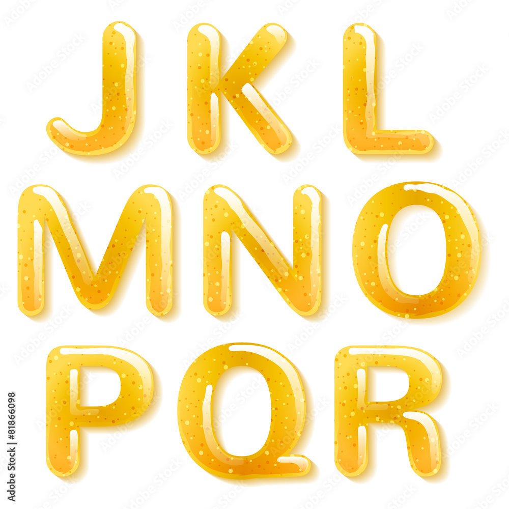 Yellow honey jelly alphabet. Glossy letters. Yellow honey jelly alphabet. Glossy letters.