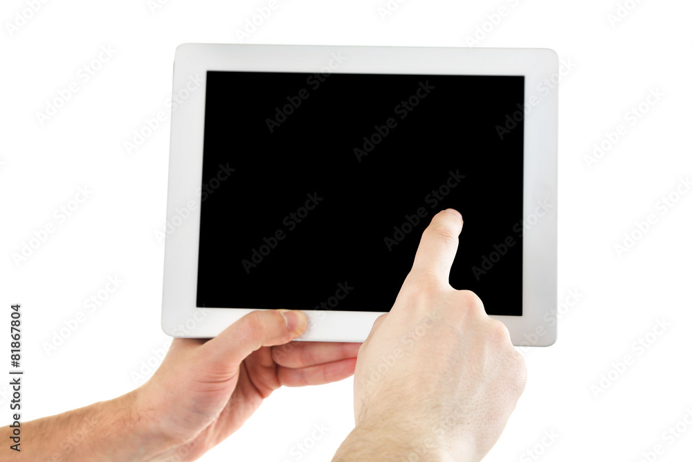 Male hands holding digital tablet isolated on white Male hands holding digital tablet isolated on white