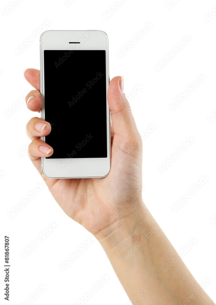 Hand holding mobile smart phone isolated on white Hand holding mobile smart phone isolated on white