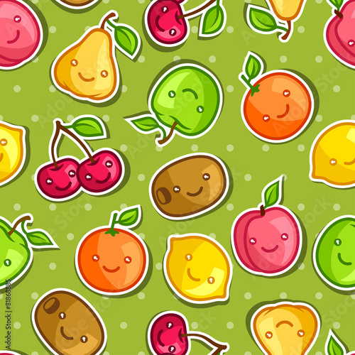 Seamless pattern with cute kawaii smiling fruits stickers