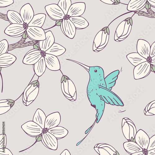 Hand drwn seamless psttern with colibri bird and flowers