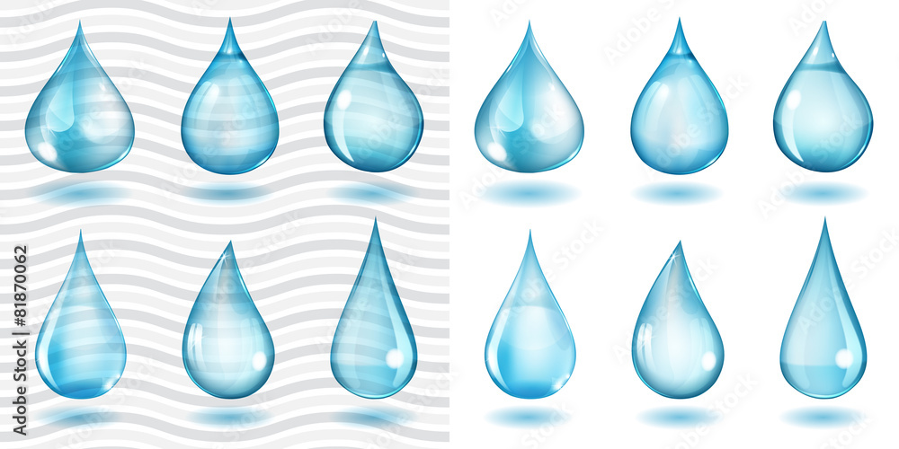 Transparent and opaque blue water drops Transparent and opaque blue water drops