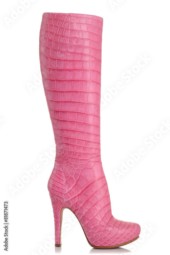Women's pink high-heeled boots made of crocodile skin