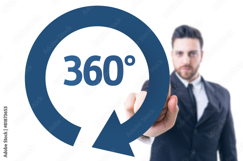 Business man pointing the text: 360° Business man pointing the text: 360°
