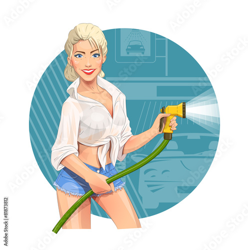 Girl on car wash. Cleaning service. Eps10 vector illustration.