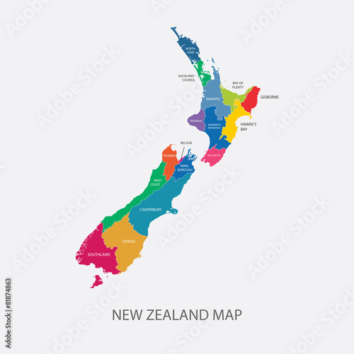 Canvas Print New Zealand Map Color regions flat design illustration vector