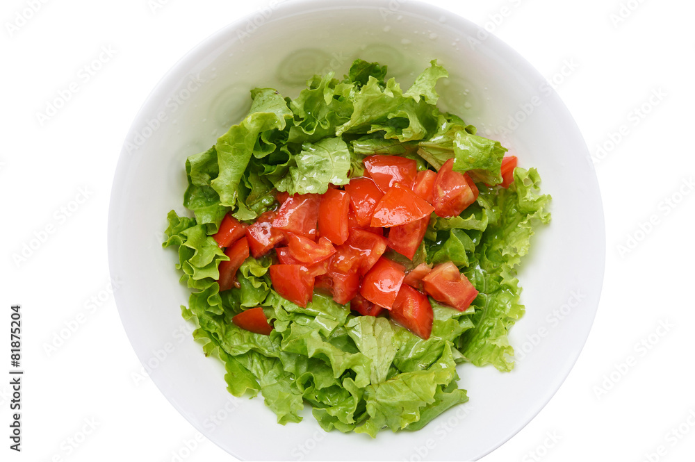 Healthy green salad, tomatoes in white bowl. Isolated on white. Healthy green salad, tomatoes in white bowl. Isolated on white.