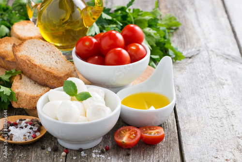 delicious mozzarella and ingredients for a salad on wooden table