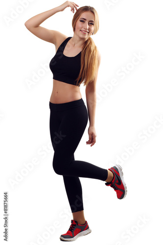 picture of beautiful athletic woman in sportswear white backgrou