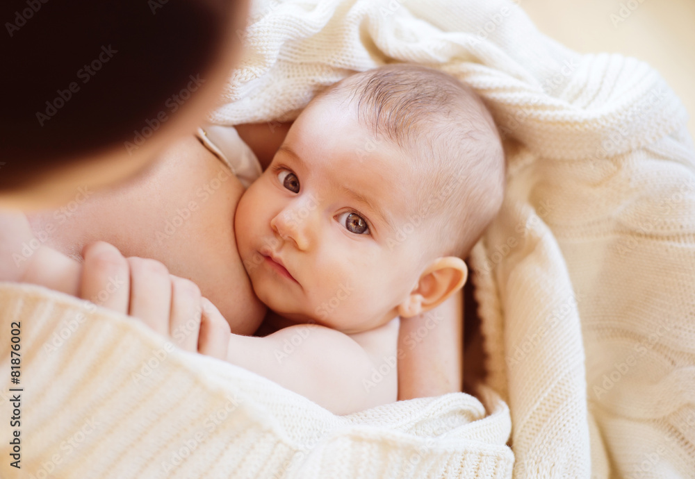 Mother breastfeeding her little baby girl in her arms - obrazy, fototapety, plakaty 