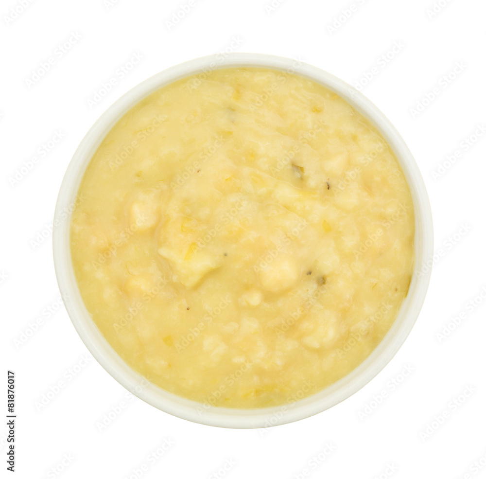 Serving of potato and leek soup in bowl Serving of potato and leek soup in bowl