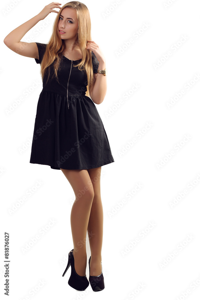 portrait of a beautiful girl in a little black dress isolated on portrait of a beautiful girl in a little black dress isolated on