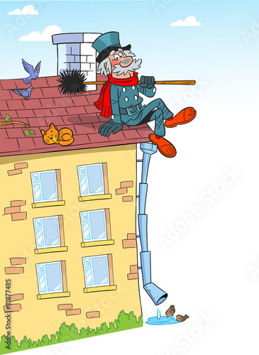 cartoon chimney sweep on roof