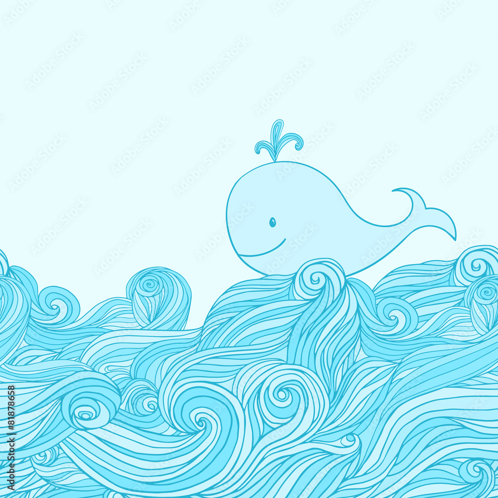 Naklejka premium Blue cute whale in the sea waves.