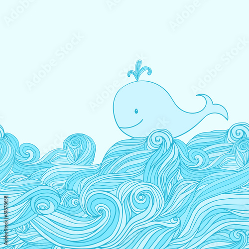 Blue cute whale in the sea waves.