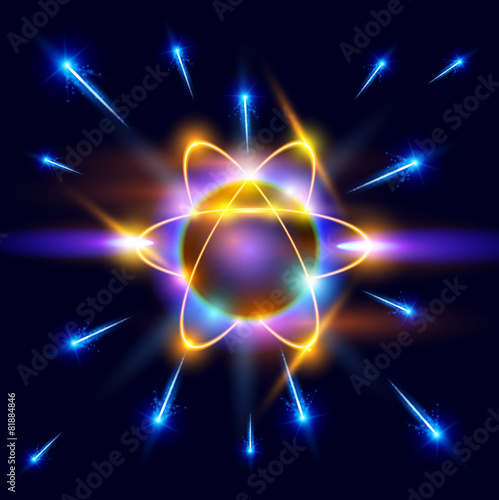 model of the atom and blue sparks around