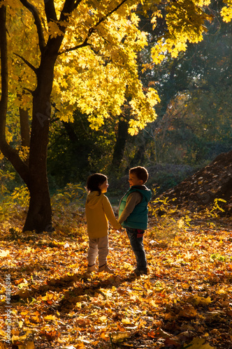 Happy children walking in the autumn park