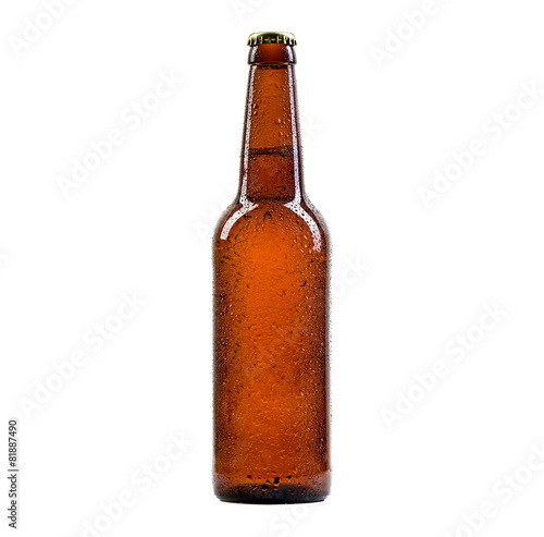 Bottle of beer with drops isolated on white background