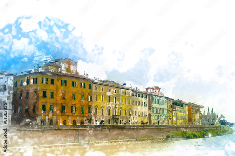 View of old street and river Arno in Pisa city