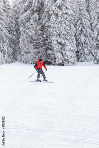 Skier in red jacket on move coming down the mountain trail