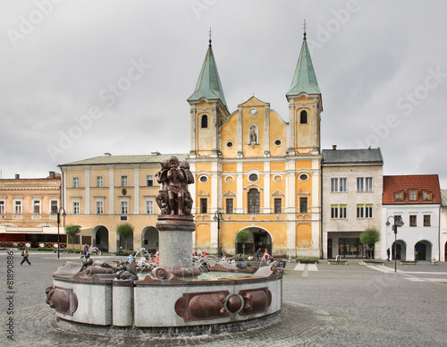 Bild auf Leinwand St Paul Church. Marianske square in Zilina. Slovakia